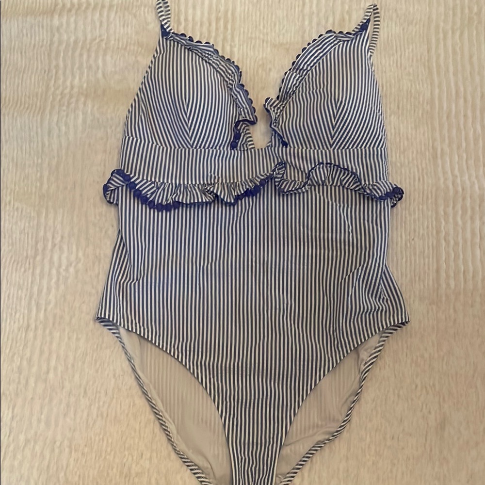 J. Crew Blue and White Striped Ruffle One Piece Swimsuit